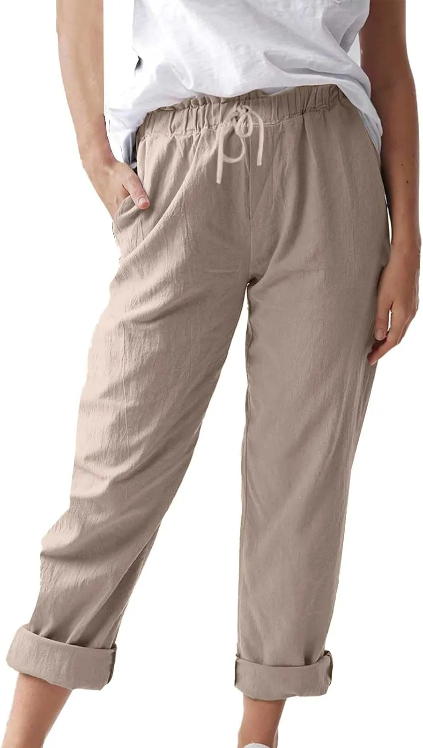 Womens Roll Up Straight Leg Linen Pants Casual Drawstring Elastic Waist Loose Slacks Lounge Petite Pants with Pockets