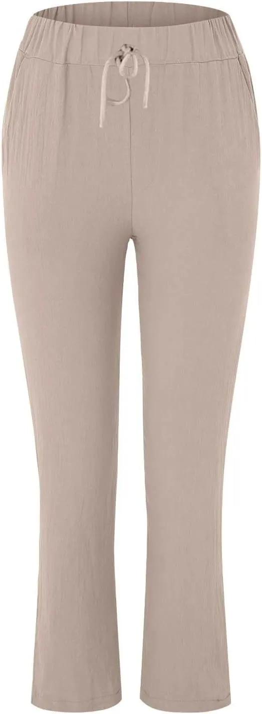 Womens Roll Up Straight Leg Linen Pants Casual Drawstring Elastic Waist Loose Slacks Lounge Petite Pants with Pockets