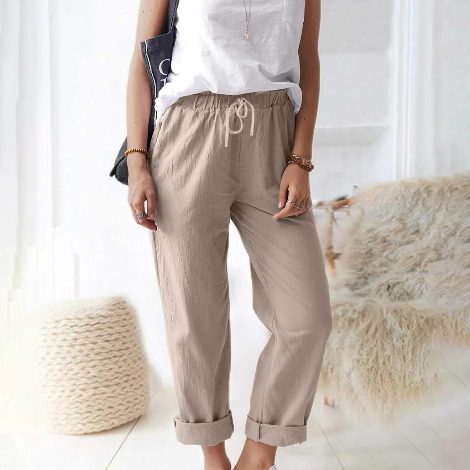 Womens Roll Up Straight Leg Linen Pants Casual Drawstring Elastic Waist Loose Slacks Lounge Petite Pants with Pockets