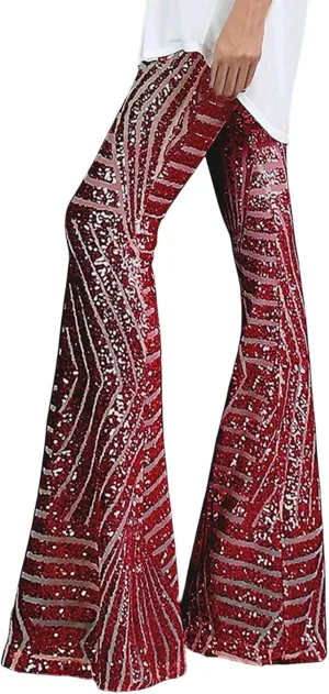 Women's Sequin Flared Pants Sparkly Glitter High Waist Wide Leg Flare Trousers Stretchy Trendy Bell Bottom Night Out Clubwear