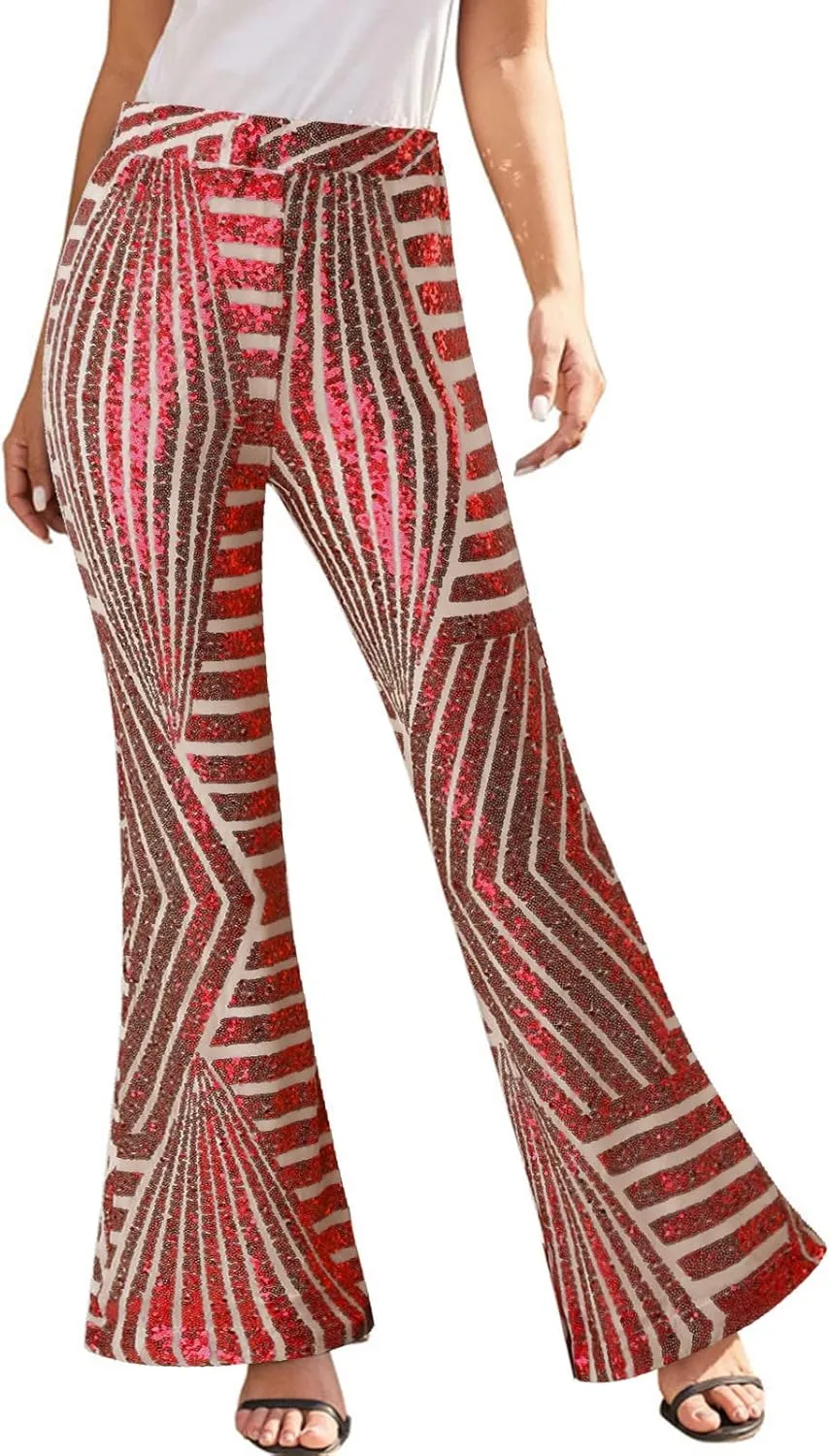 Women's Sequin Flared Pants Sparkly Glitter High Waist Wide Leg Flare Trousers Stretchy Trendy Bell Bottom Night Out Clubwear