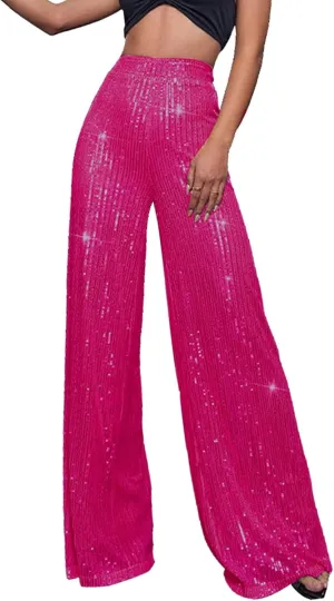 Womens Sequin Pants High Waist Wide Leg Sparkle Glitter Trousers Bell Bottom Night Out Clubwear Shiny Pants