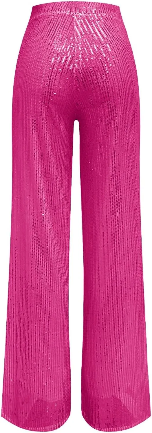 Womens Sequin Pants High Waist Wide Leg Sparkle Glitter Trousers Bell Bottom Night Out Clubwear Shiny Pants