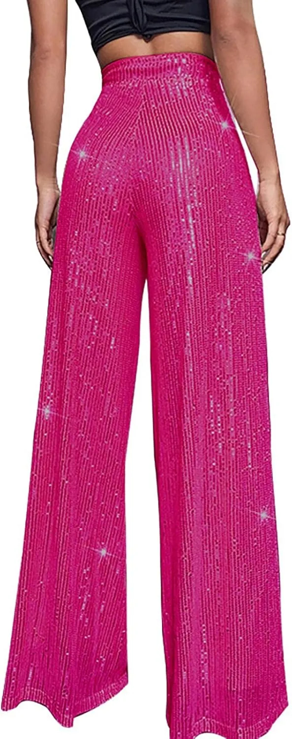 Womens Sequin Pants High Waist Wide Leg Sparkle Glitter Trousers Bell Bottom Night Out Clubwear Shiny Pants
