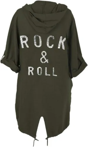 Womens Sequin Rock & Roll Back Oversized Army Hoodie Cardigan Sweatshirt Jacket