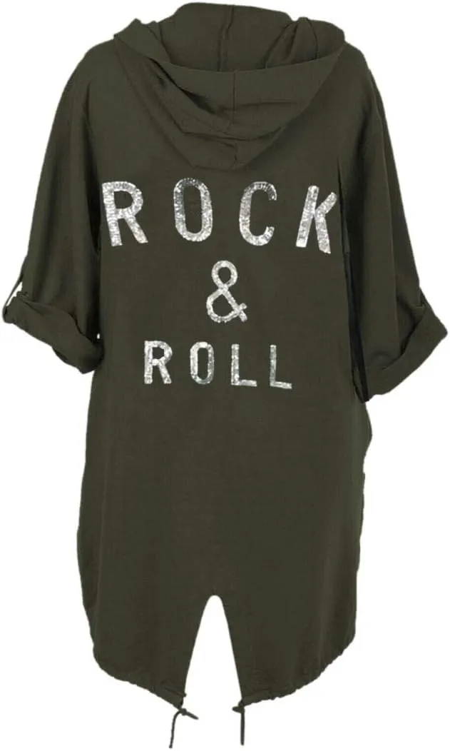 Womens Sequin Rock & Roll Back Oversized Army Hoodie Cardigan Sweatshirt Jacket