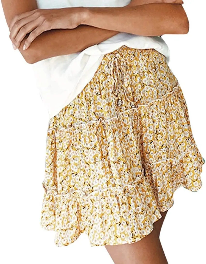 Women's Short Skirt Summer Drawstring Waist Ruffle Skirt Floral Print Swing Beach Mini Dress (XXL, Gold)