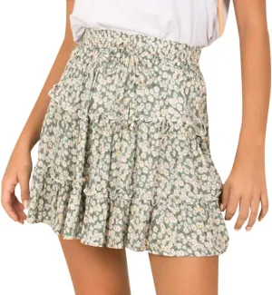 Women's Short Skirt Summer Drawstring Waist Ruffle Skirt Floral Print Swing Beach Mini Dress (XXL, Green)