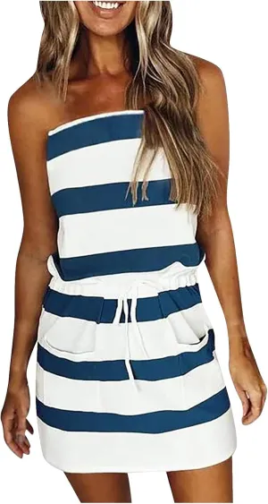 Womens Short Sleeve Summer Dresses Striped T Shirt Dresses Tie Waist Mini Dress Beach Vacation Outfits with Pockets