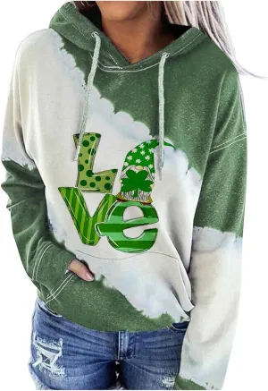 Womens St. Patrick's Day Clover Print Hoodie Casual Long Sleeve Sweatshirt Irish Shamrock Pullover Oversized Shirts Tops