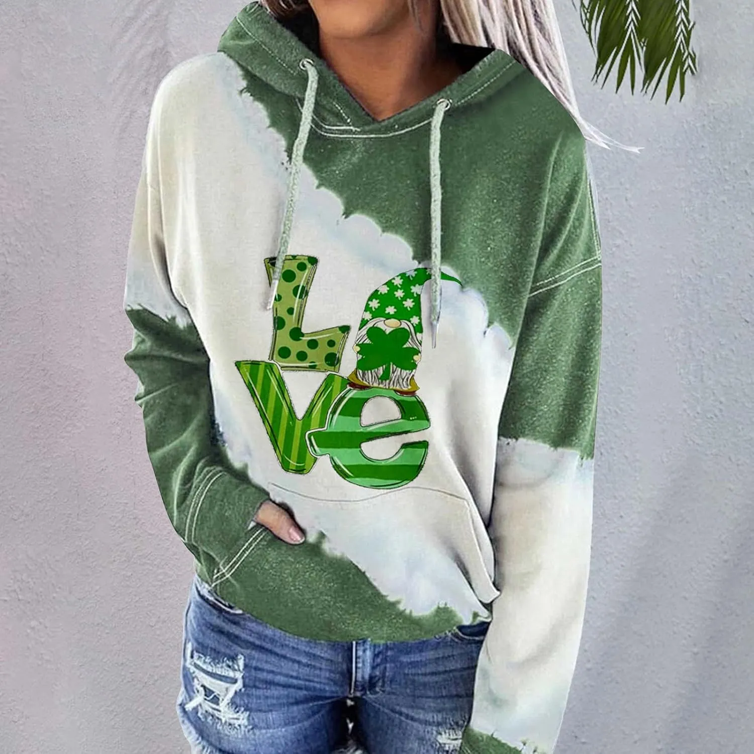 Womens St. Patrick's Day Clover Print Hoodie Casual Long Sleeve Sweatshirt Irish Shamrock Pullover Oversized Shirts Tops
