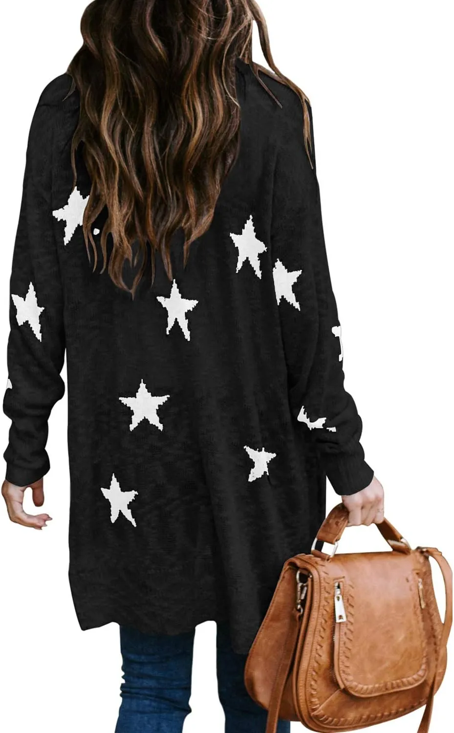 Women's Star Print Button Down Knit Open Front Cardigan Sweaters with Pockets