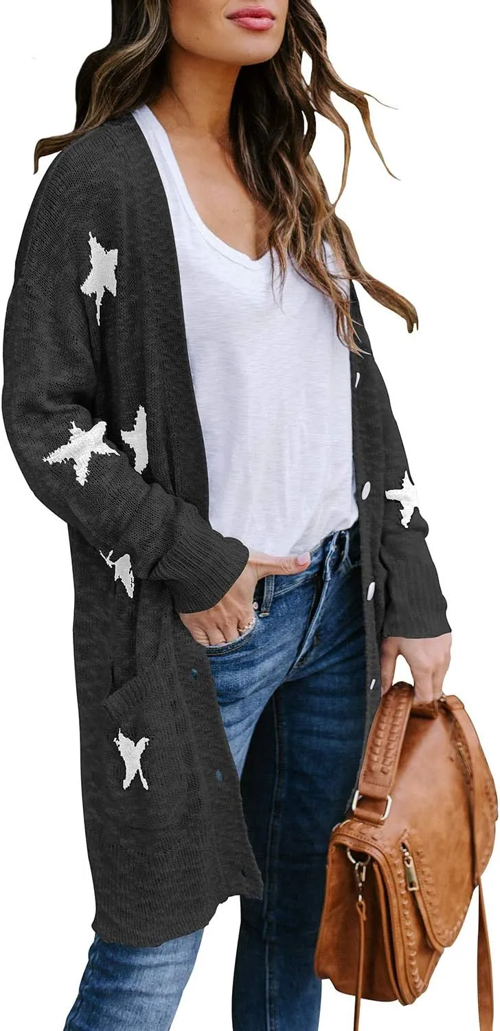 Women's Star Print Button Down Knit Open Front Cardigan Sweaters with Pockets