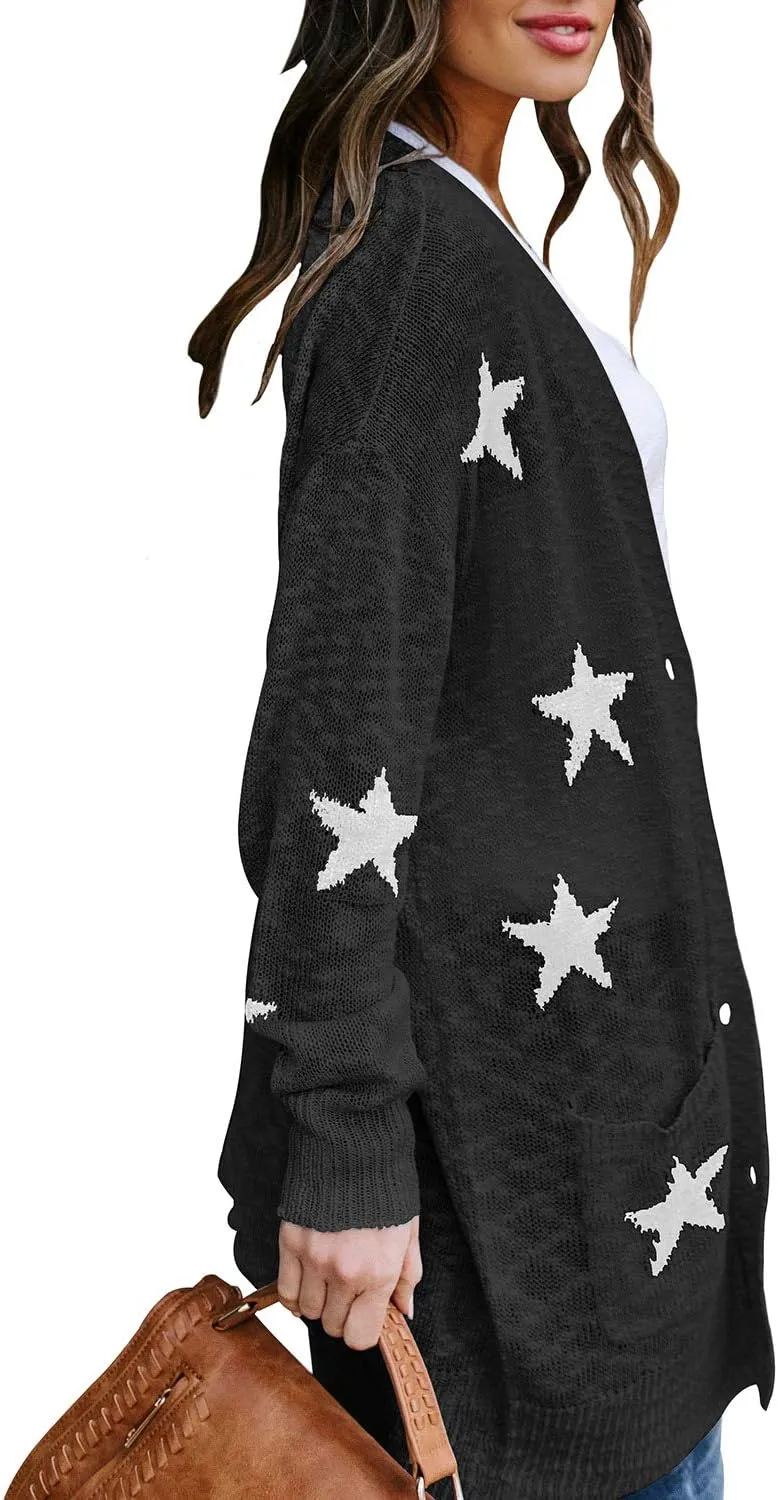 Women's Star Print Button Down Knit Open Front Cardigan Sweaters with Pockets