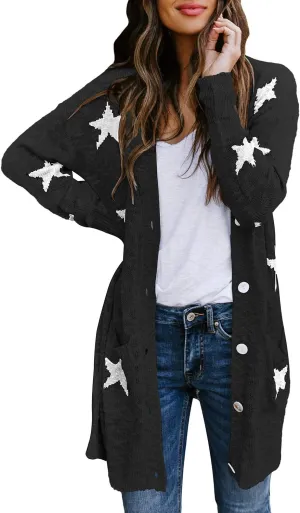 Women's Star Print Button Down Knit Open Front Cardigan Sweaters with Pockets