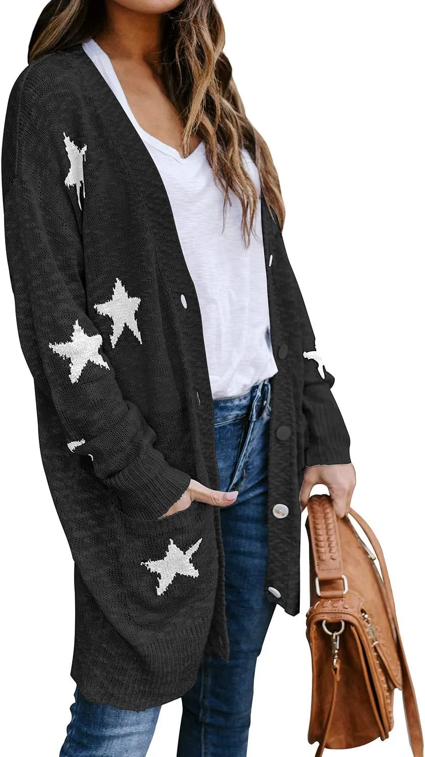 Women's Star Print Button Down Knit Open Front Cardigan Sweaters with Pockets