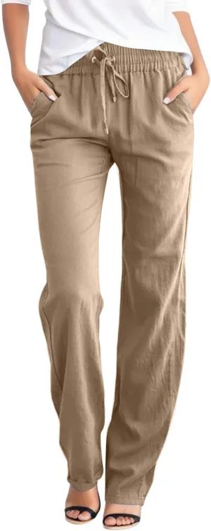 Women's Straight Leg Pants Casual Pants Elastic High Waist Drawstring Pants Solid Color Trousers with Pockets