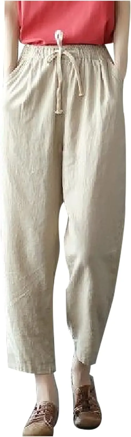 Women's Summer Cotton Linen Pants High Waist Wide Leg Loose Drawstring Pants Casual Solid Trousers with Pockets