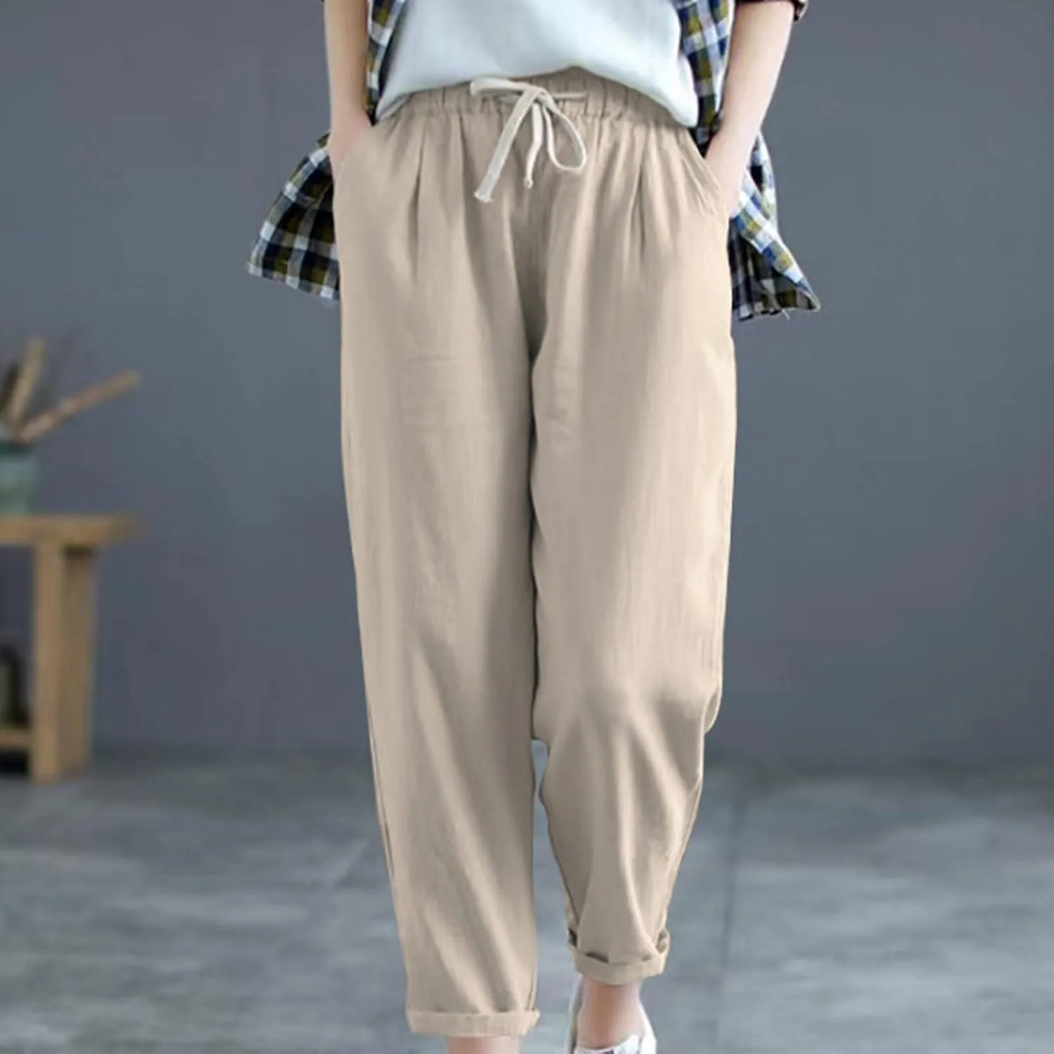 Women's Summer Cotton Linen Pants High Waist Wide Leg Loose Drawstring Pants Casual Solid Trousers with Pockets