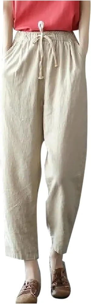 Women's Summer Cotton Linen Pants High Waist Wide Leg Loose Drawstring Pants Casual Solid Trousers with Pockets
