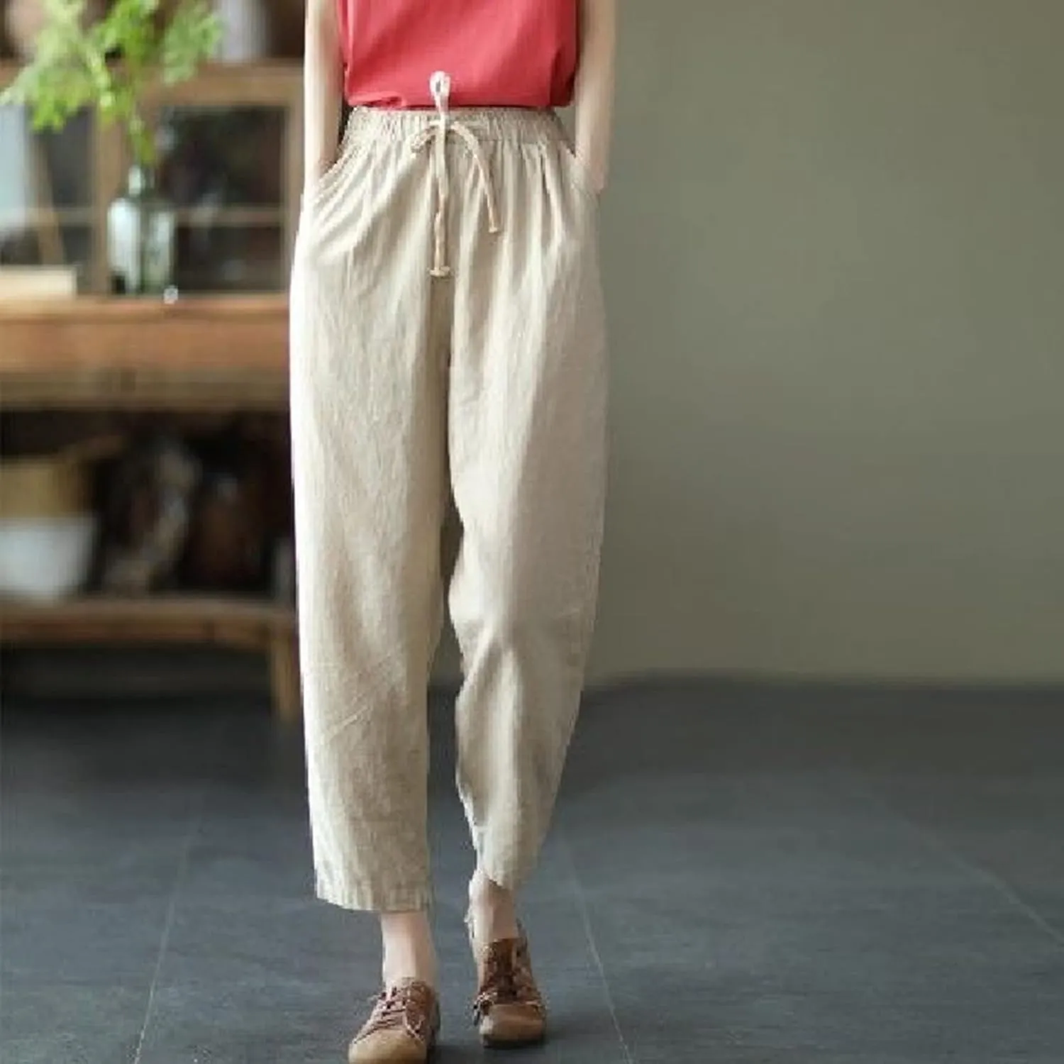 Women's Summer Cotton Linen Pants High Waist Wide Leg Loose Drawstring Pants Casual Solid Trousers with Pockets