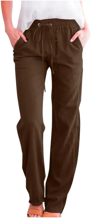 Women's Summer Drawstring Waist Wide Leg Trousers Fashion Solid Color Loose Cotton Linen Pants Casual Pockets Pants