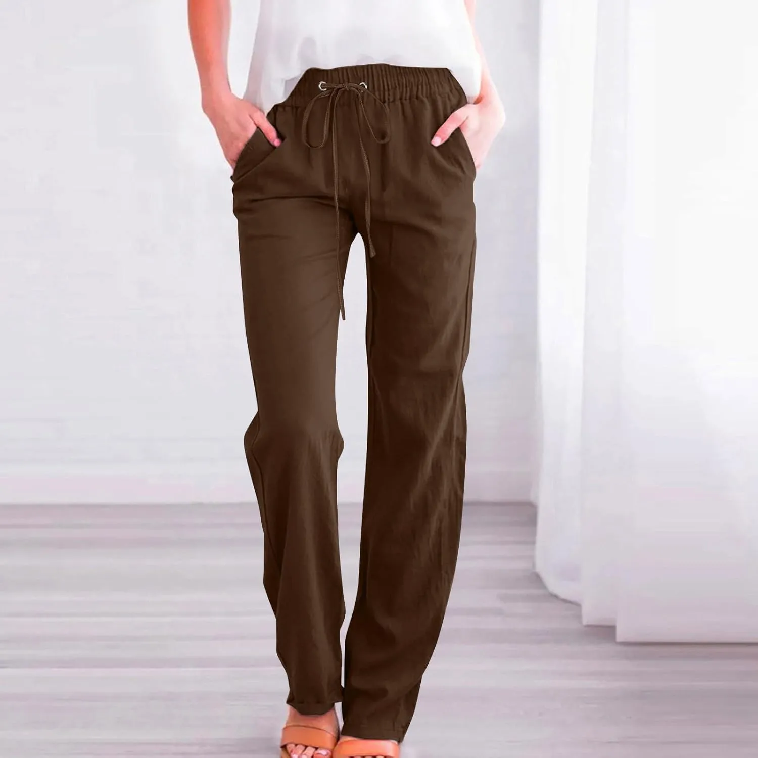 Women's Summer Drawstring Waist Wide Leg Trousers Fashion Solid Color Loose Cotton Linen Pants Casual Pockets Pants