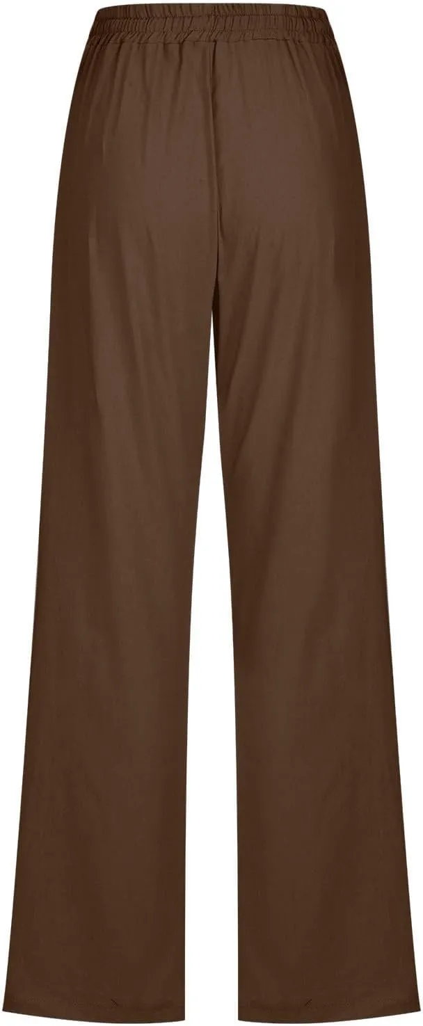 Women's Summer Drawstring Waist Wide Leg Trousers Fashion Solid Color Loose Cotton Linen Pants Casual Pockets Pants