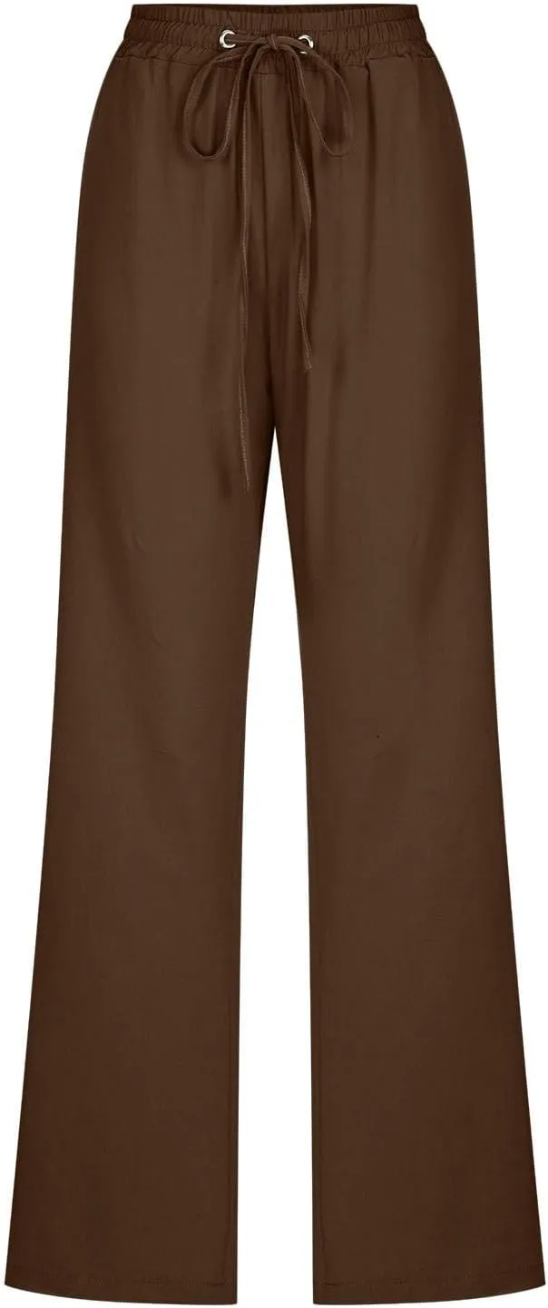 Women's Summer Drawstring Waist Wide Leg Trousers Fashion Solid Color Loose Cotton Linen Pants Casual Pockets Pants