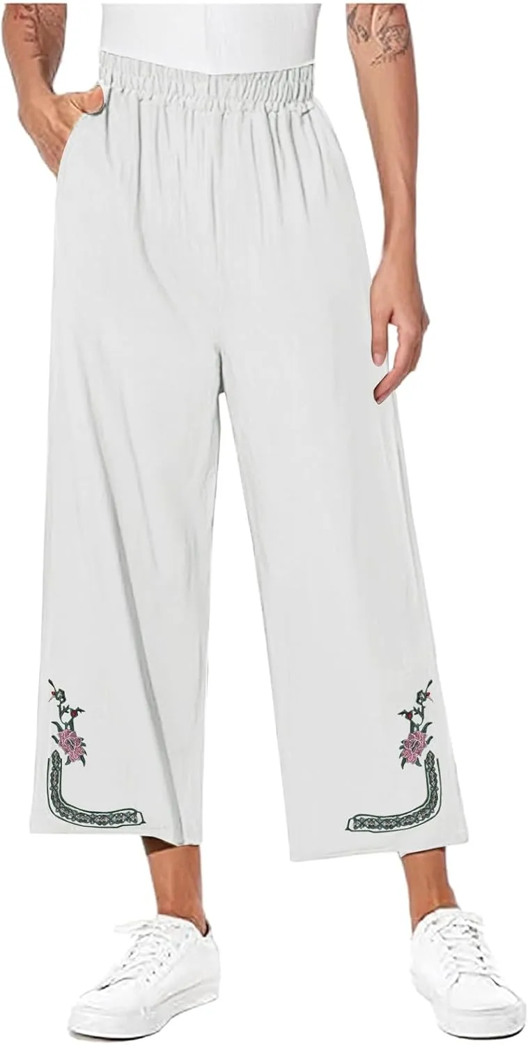 Womens Summer Linen Pants Pleated Boho High Waist Pant Floral Print Wide Leg Pants Palazzo Flowy Beach Pant Loose Fit