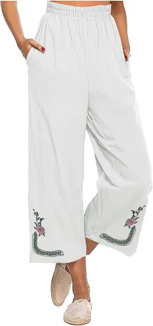 Womens Summer Linen Pants Pleated Boho High Waist Pant Floral Print Wide Leg Pants Palazzo Flowy Beach Pant Loose Fit