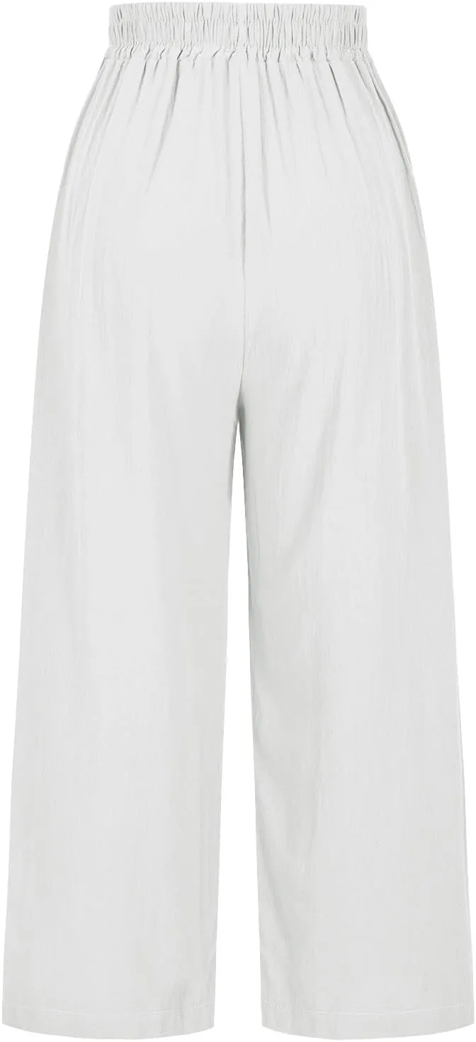 Womens Summer Linen Pants Pleated Boho High Waist Pant Floral Print Wide Leg Pants Palazzo Flowy Beach Pant Loose Fit