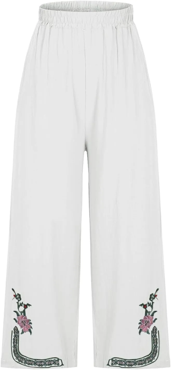 Womens Summer Linen Pants Pleated Boho High Waist Pant Floral Print Wide Leg Pants Palazzo Flowy Beach Pant Loose Fit