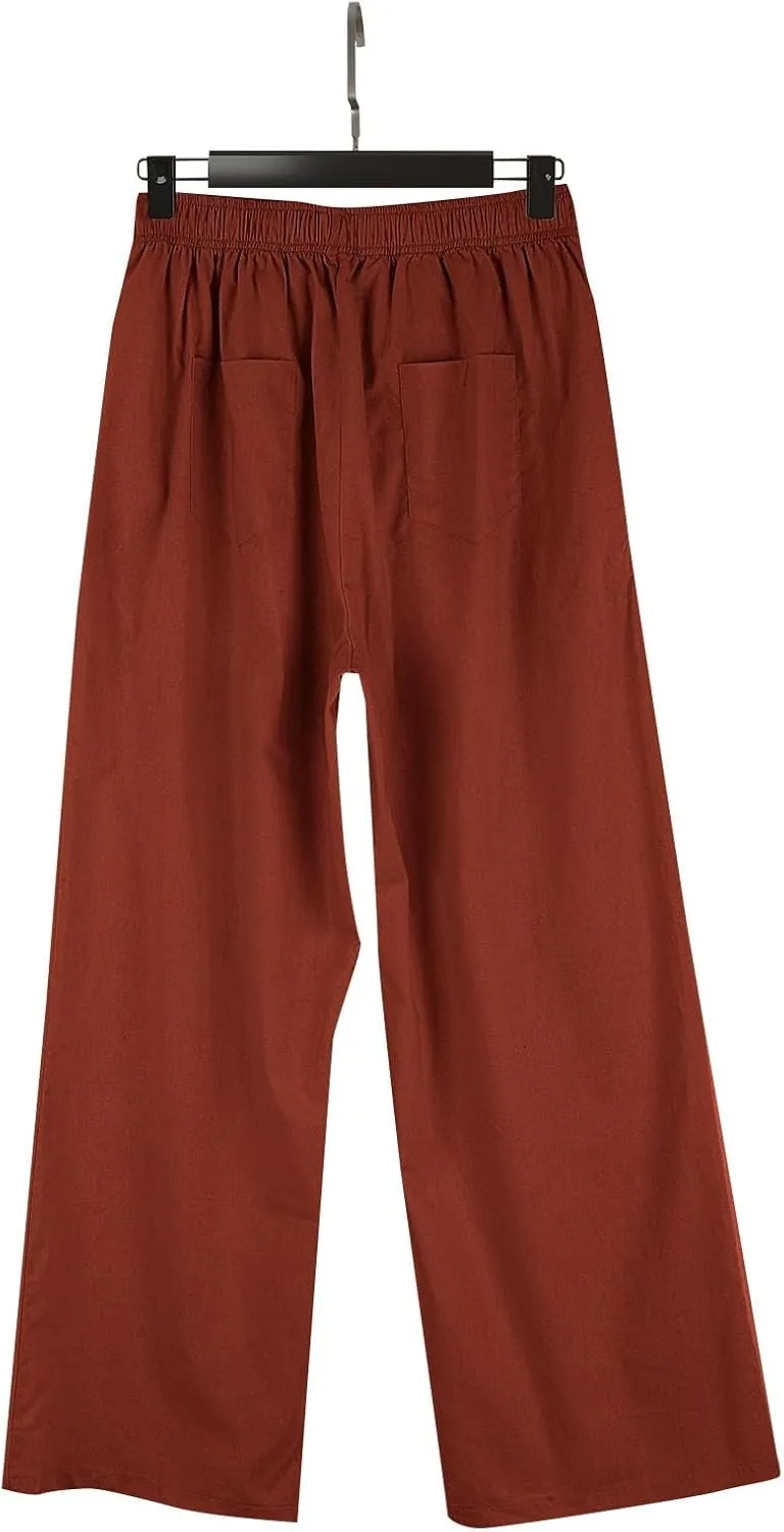 Womens Summer Linen Pants Wide Leg Elastic Waist Button Fly Long Lounge Pants Beach Loose Comfy Palazzo Trousers with Pockets