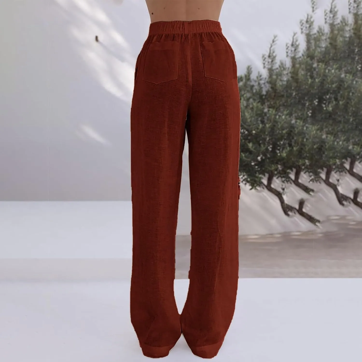 Womens Summer Linen Pants Wide Leg Elastic Waist Button Fly Long Lounge Pants Beach Loose Comfy Palazzo Trousers with Pockets