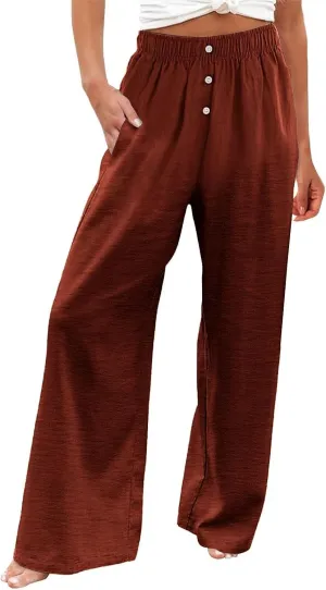 Womens Summer Linen Pants Wide Leg Elastic Waist Button Fly Long Lounge Pants Beach Loose Comfy Palazzo Trousers with Pockets