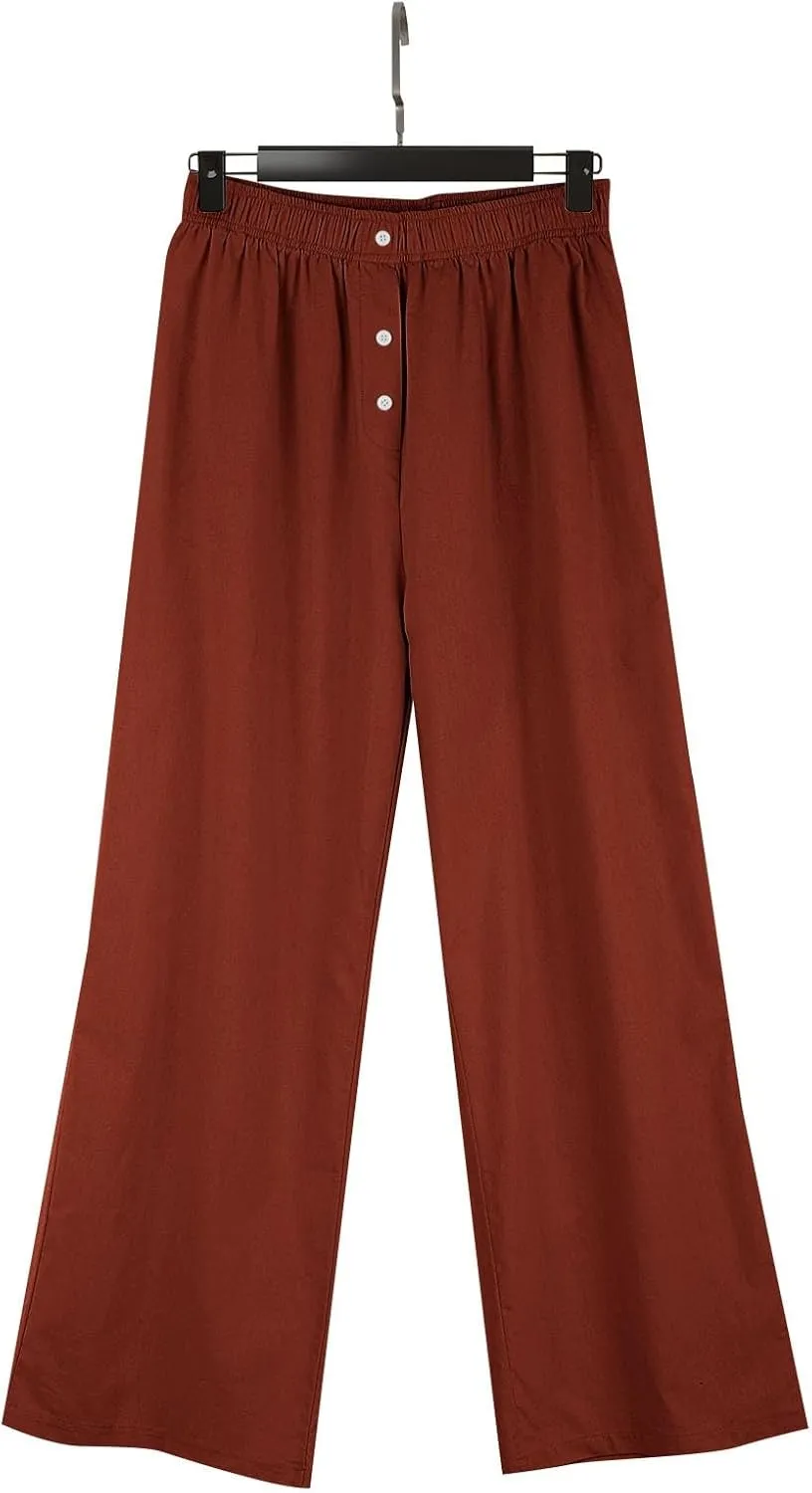 Womens Summer Linen Pants Wide Leg Elastic Waist Button Fly Long Lounge Pants Beach Loose Comfy Palazzo Trousers with Pockets