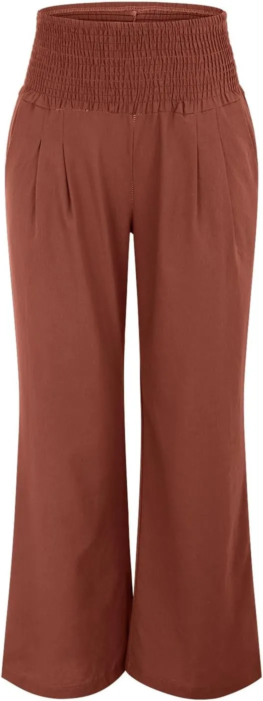 Women's Summer Linen Trousers Wide Leg Palazzo Elastic High Waisted Casual Long Pants Lightweight Loose Trousers with Pockets
