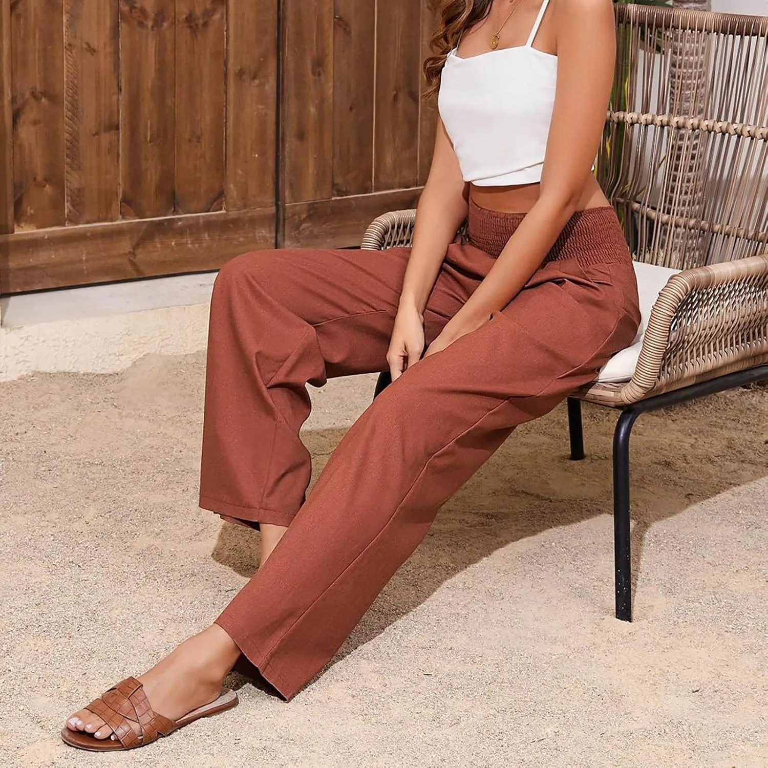 Women's Summer Linen Trousers Wide Leg Palazzo Elastic High Waisted Casual Long Pants Lightweight Loose Trousers with Pockets