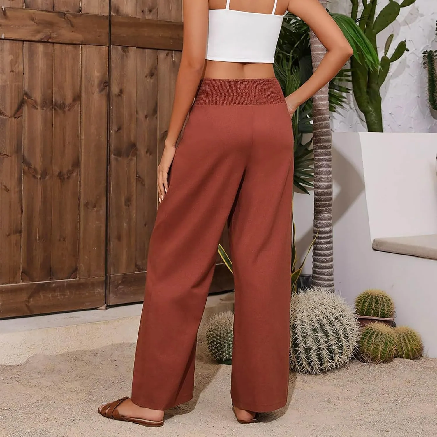 Women's Summer Linen Trousers Wide Leg Palazzo Elastic High Waisted Casual Long Pants Lightweight Loose Trousers with Pockets