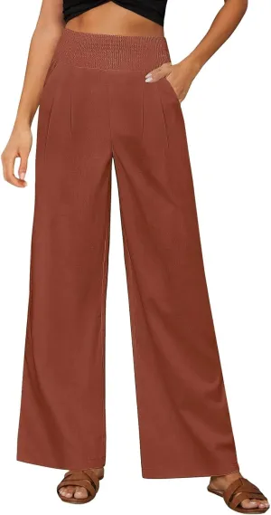 Women's Summer Linen Trousers Wide Leg Palazzo Elastic High Waisted Casual Long Pants Lightweight Loose Trousers with Pockets
