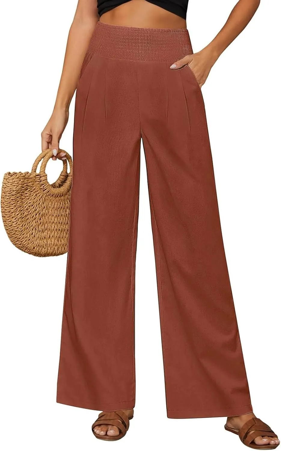 Women's Summer Linen Trousers Wide Leg Palazzo Elastic High Waisted Casual Long Pants Lightweight Loose Trousers with Pockets
