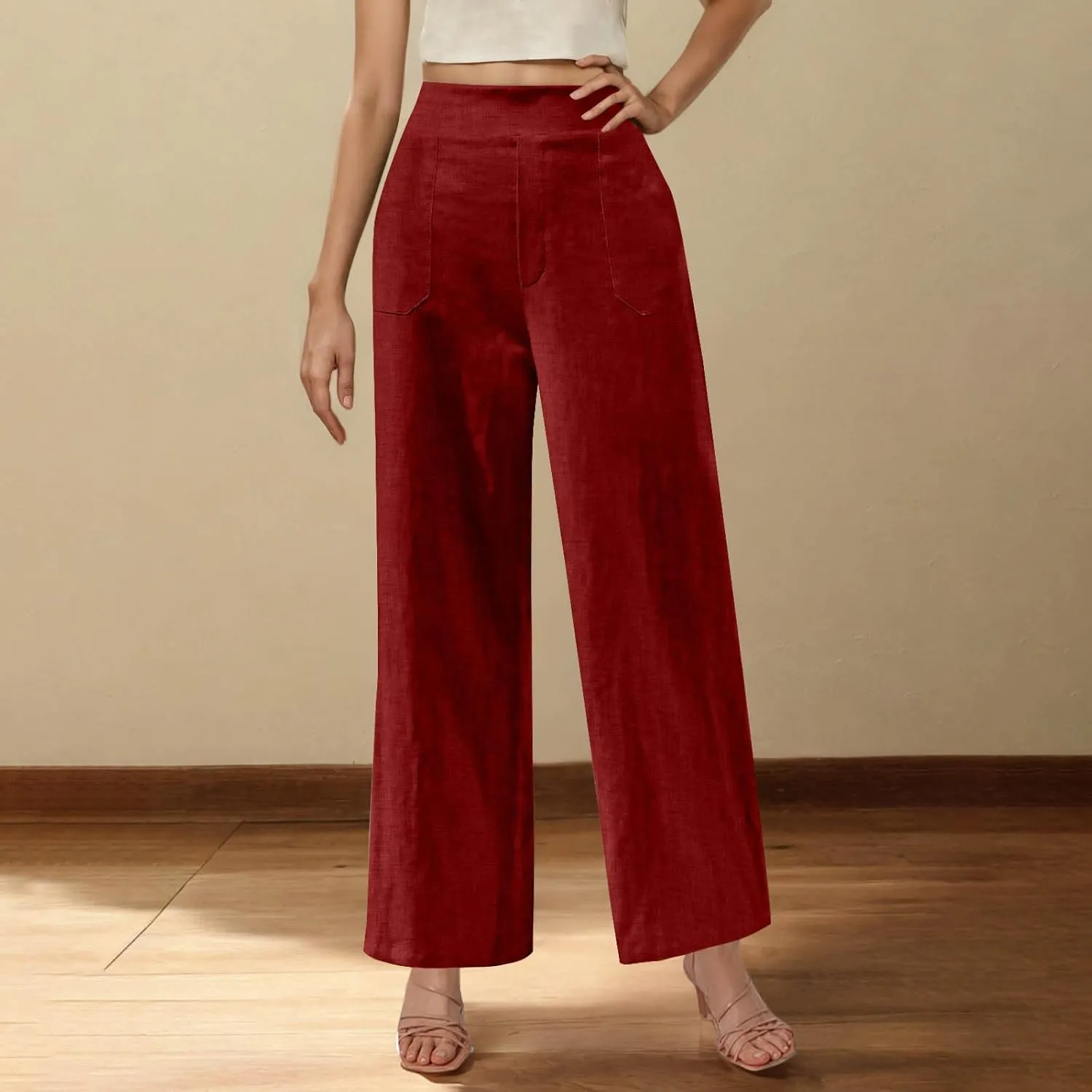 Womens Summer Pants 2025 Trendy Cotton Linen Pants Casual Wide Leg Pants Elastic Waist Pant Trousers with Pockets