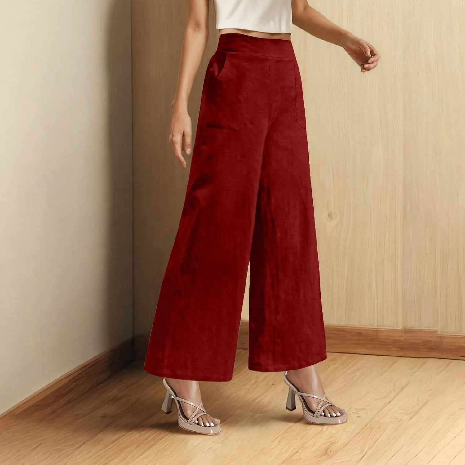 Womens Summer Pants 2025 Trendy Cotton Linen Pants Casual Wide Leg Pants Elastic Waist Pant Trousers with Pockets