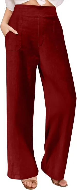 Womens Summer Pants 2025 Trendy Cotton Linen Pants Casual Wide Leg Pants Elastic Waist Pant Trousers with Pockets