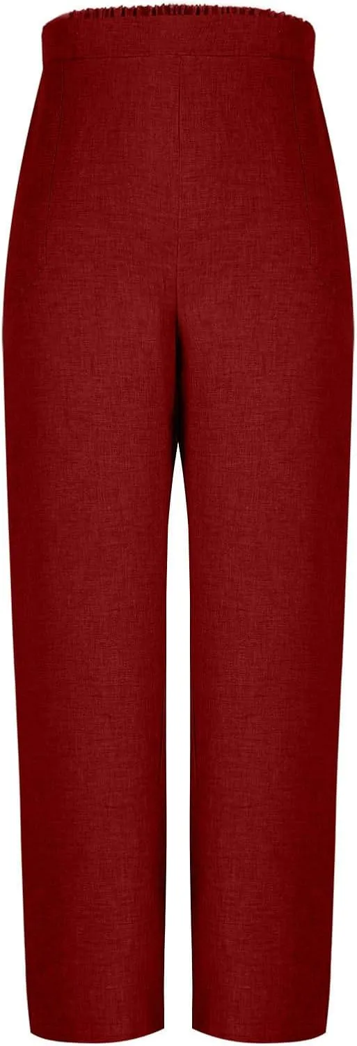 Womens Summer Pants 2025 Trendy Cotton Linen Pants Casual Wide Leg Pants Elastic Waist Pant Trousers with Pockets