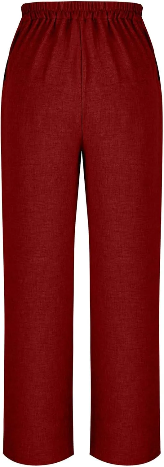 Womens Summer Pants 2025 Trendy Cotton Linen Pants Casual Wide Leg Pants Elastic Waist Pant Trousers with Pockets