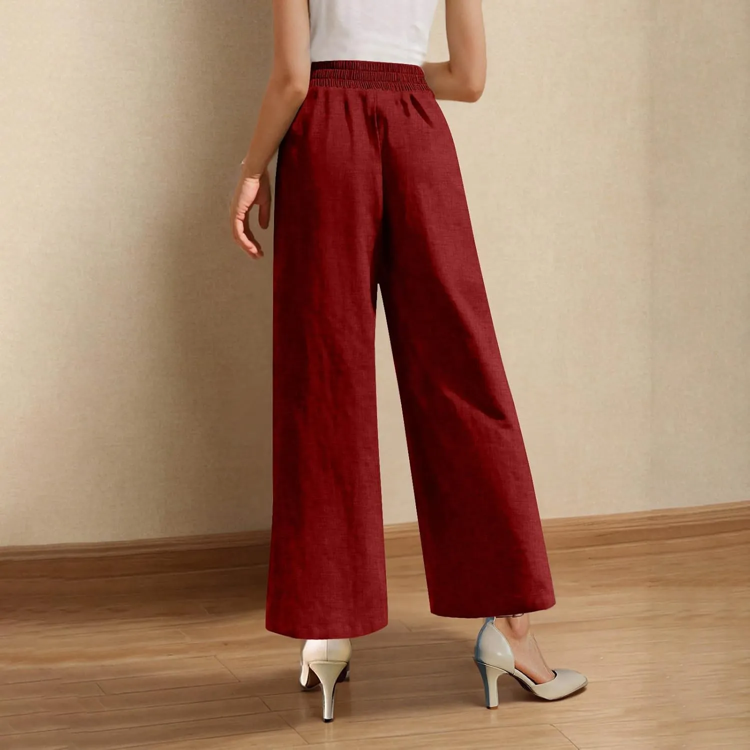 Womens Summer Pants 2025 Trendy Cotton Linen Pants Casual Wide Leg Pants Elastic Waist Pant Trousers with Pockets