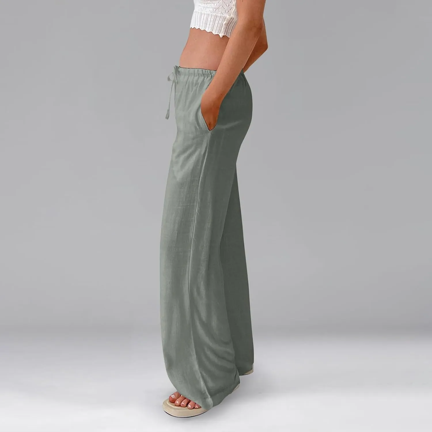 Womens Summer Pants Casual Cotton Linen Button 2025 Wide Leg Pants Beach High Rise Solid Fashion Trousers Cute Pockets