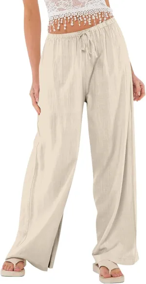 Womens Summer Pants Casual Cotton Linen Button 2025 Wide Leg Pants Beach High Rise Solid Fashion Trousers Cute Pockets